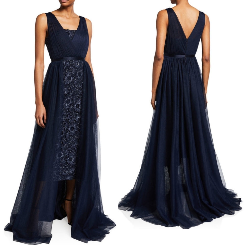 🔥Aidan Mattox Lace Navy Blue Tulle Formal Sleeveless Gown